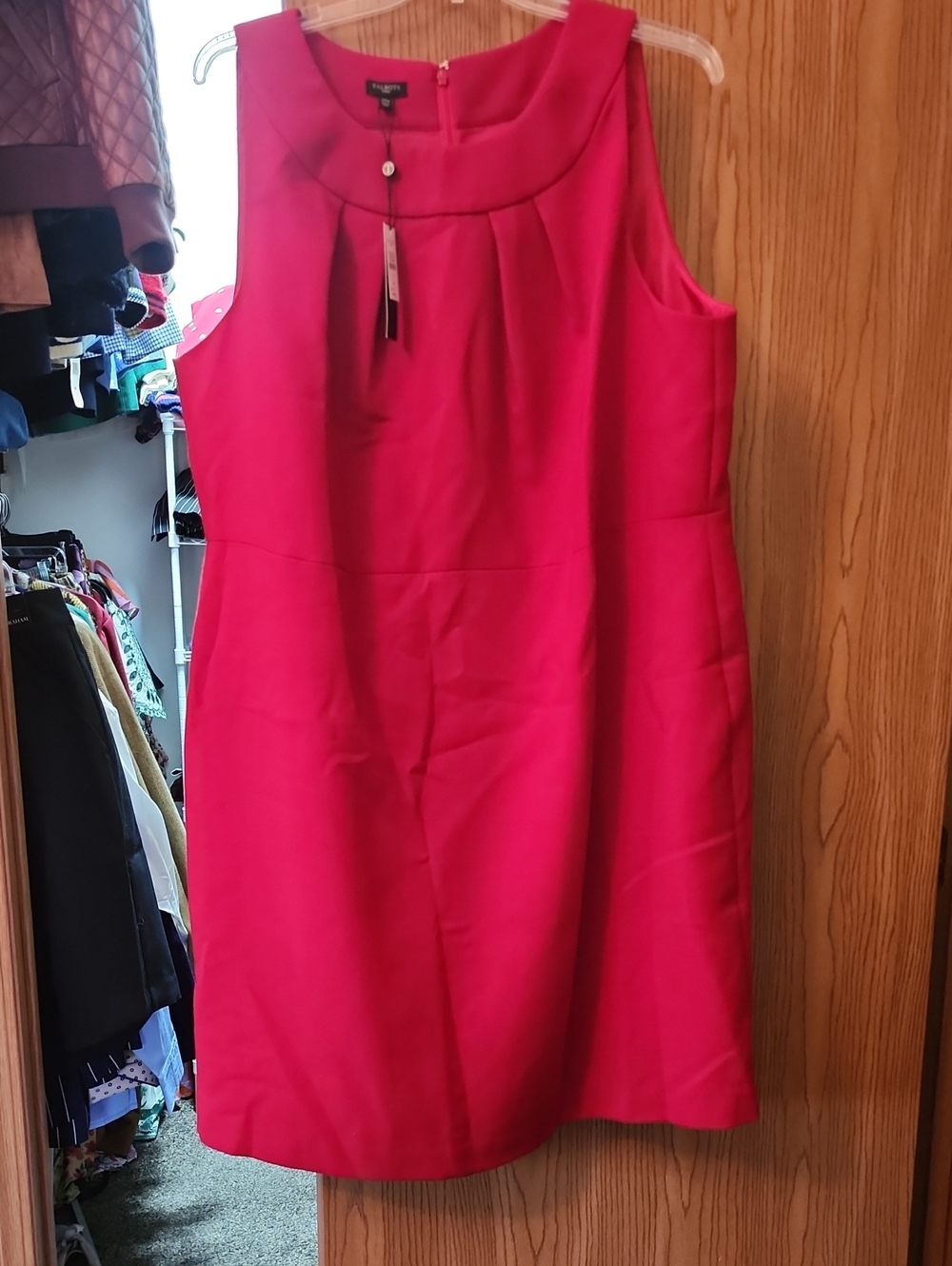 Talbots Cranberry Red Sleeveless Pleated-Neck Shift Dress